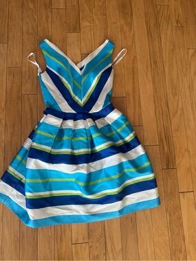 Blue & White Striped V-Neck Dress clips Italian designer